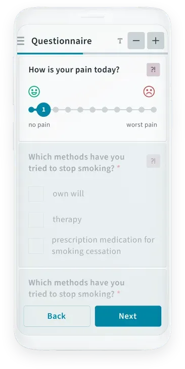 Idana app questionnare screen Idana app questionnare screen